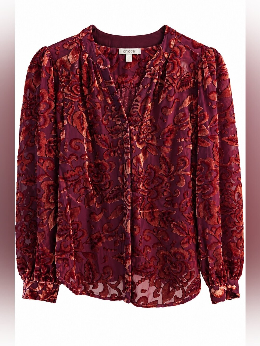 Chico’s Burgundy Wine Floral Velvet Burnout Button Front Blouse, M, 8, Chico's 1